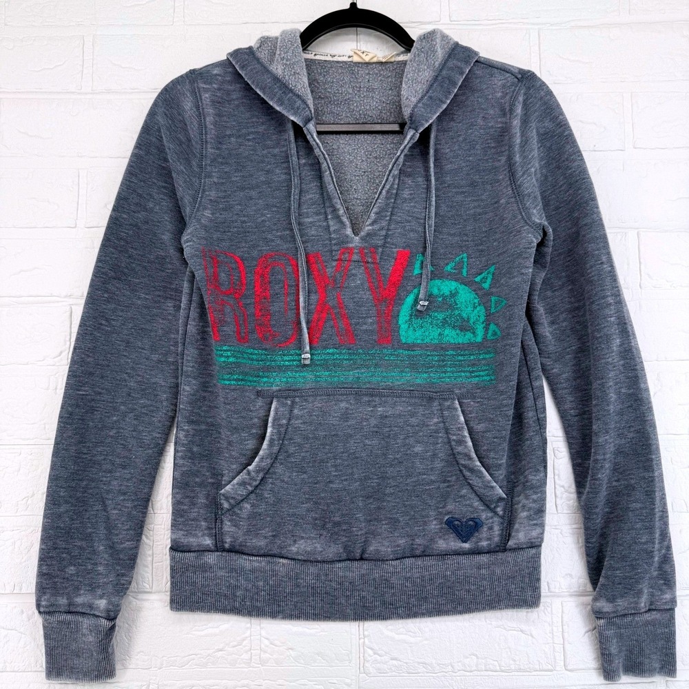 ROXY Hoodie Womens XS Gray Acid Wash Graphic Sun Slit Neck Pullover Sweatshirt